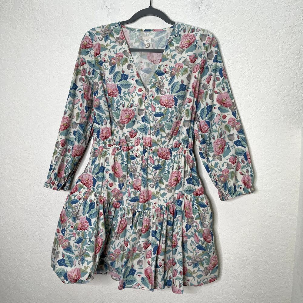 La Vie Rebecca Taylor Paint Garden Floral Cotton Tiered Mini Dress M